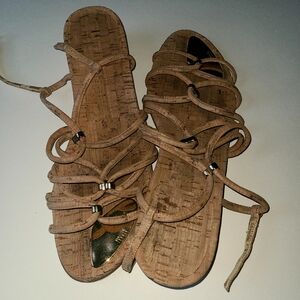 Stuart Weitzman Cork Sandals  Strappy Low wedge gold accent Slides Strap Women